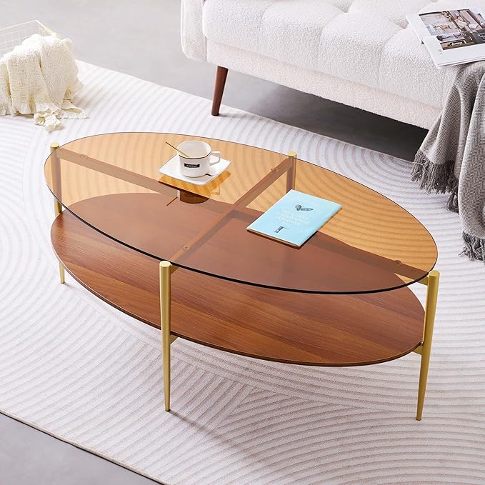 Oval Glass Coffee Table, Mid-Century Modern Design, L43 x W22 x H17 inch by LumFurn
