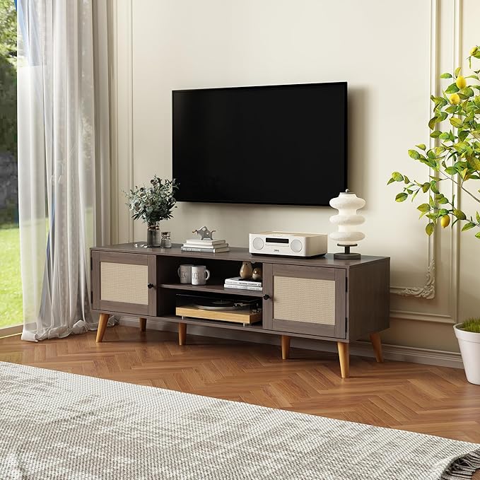 TV Stand for TVs up to 65 inches, Rattan Grain Finish Panel - Image 2
