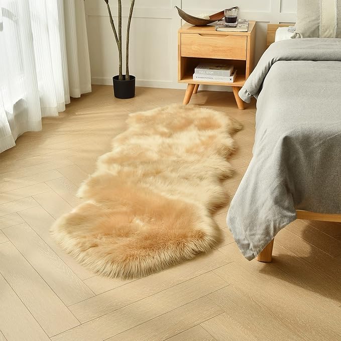 duduta Beige Faux Sheepskin Runner Rugs 2x6 ft, Fluffy Shag Bedroom Rug Fur - Image 3