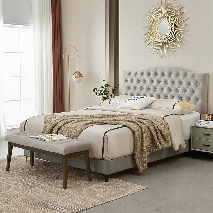 End of Bed Bedroom Bench, Linen Upholstered Tufted Bench - Image 3
