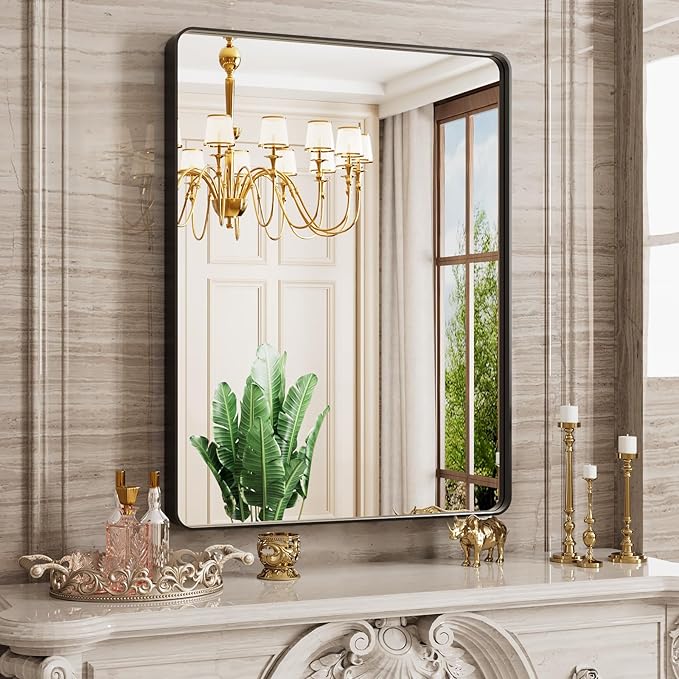 Black Bathroom Mirror 24X36 Inch, Rounded Rectangle Matte Bathroom Vanity Mirror by JISOSO