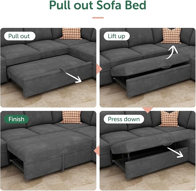 HONBAY Modular Sectional Sleeper Sofa Bed, Corduroy Pull Out Couch - Image 5