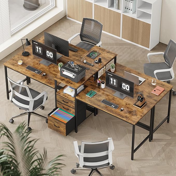 93'' Two Person Desk with Charging Station, Long Desk with 3 Fabric Drawers and - Image 7