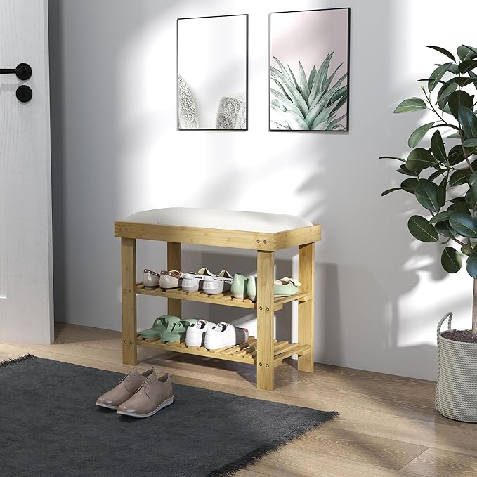 HOMCOM Bamboo Shoe Bench, 3-Tier Entryway Bench - Image 9