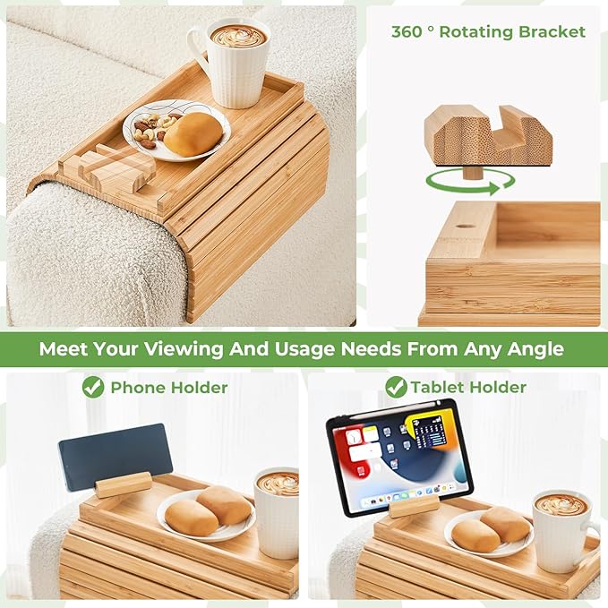 Bamboo Sofa Arm Tray, Anti Falling Couch Arm Tray Armrest Table - Image 4