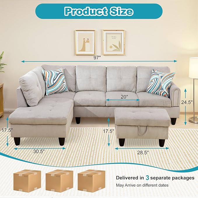 L Shaped Couch Modern Sectional Couch Upholstered Corduroy Fabric 3 Pieces Sofas - Image 2