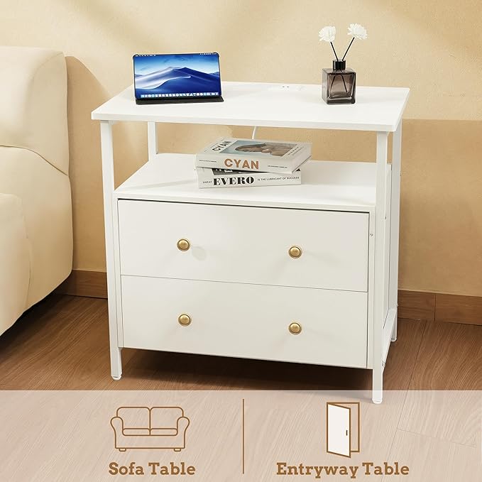 27 inch Wide Nightstand with Charging Station, Bedside Table with Open Shelf - Image 8