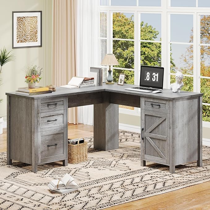 59” L Shaped Executive Desk with Power Outlets, Farmhouse Home Office Desk by Vabches