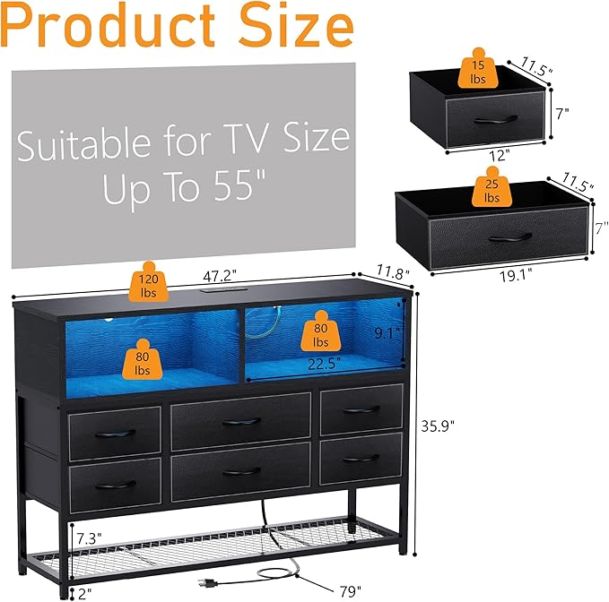 Black Dresser for Bedroom, 6 Drawers Led Dresser TV Stand - Image 2