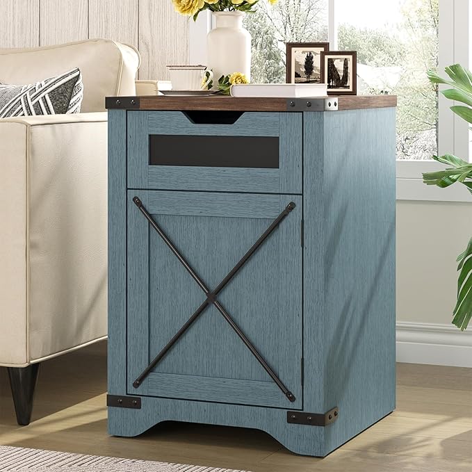 Farmhouse End Table with Charging Station, 26.4" Tall Rustic Nightstand with by FiveWillowise