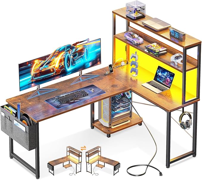 Casaottima Gaming Desk with Power Outlets & LED Lights, 53 Inch Reversible L by Casaottima