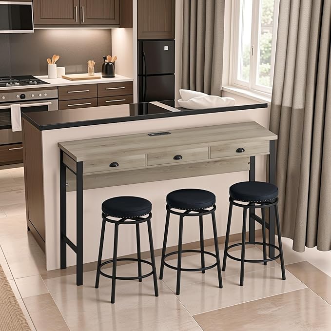KEIKI 60.24” Long Bar High Top Dining Table and 3 Stools Chairs Set - Image 3