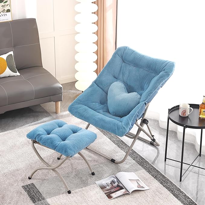 Saucer Chair with Ottoman, Comfy Oversized Folding Chair, Faux-Fur Reading Chair - Image 9