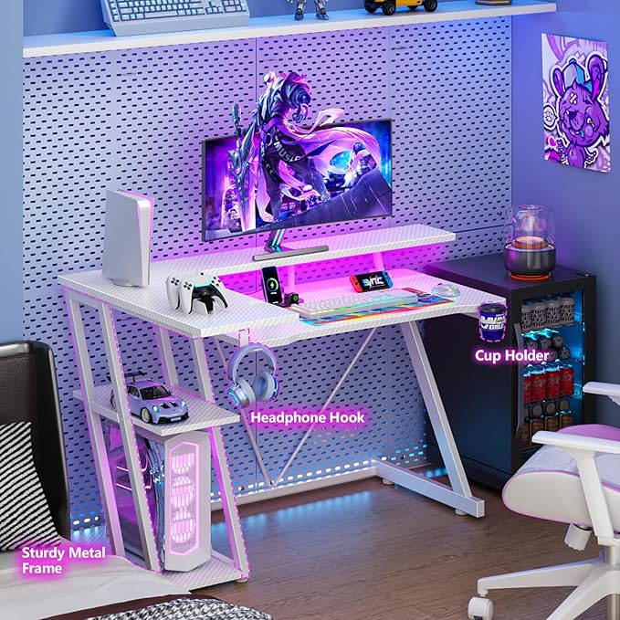 40 Inch Gaming Desk with Power Outlet & LED Lights, L Shaped Computer Gaming - Image 6