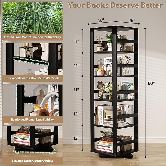 Homykic Rotating Bookshelf, Bamboo 360 Display Spinning Bookshelf Tower - Image 3