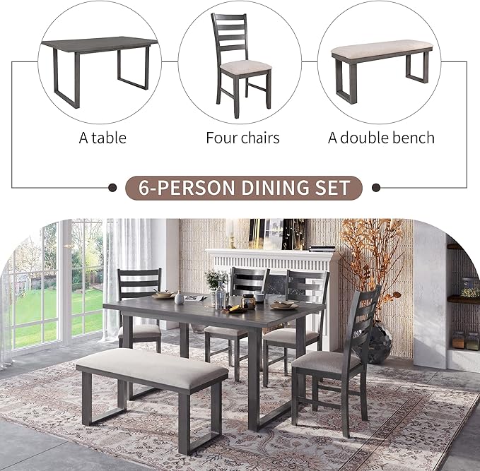 6 Pieces Dining Table Set with 60" Rectangle Kitchen Desk, Wooden Living Room - Image 5