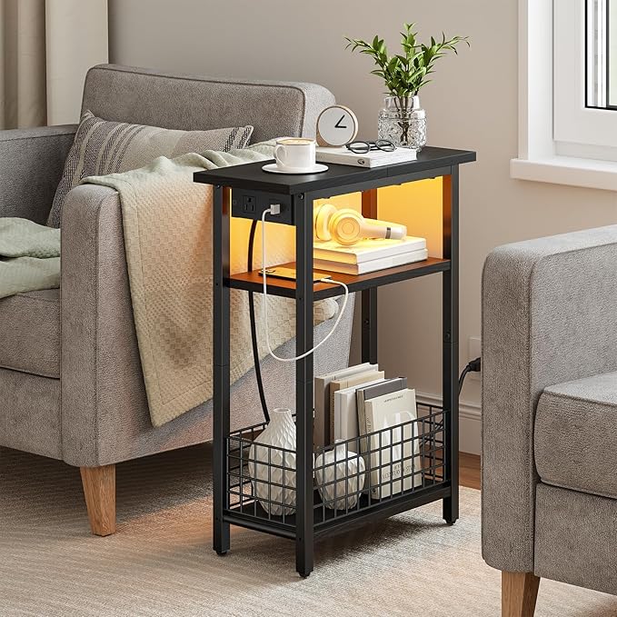 HOOBRO Narrow Side Table with Charging Station and LED Light, Small End Table - Image 2