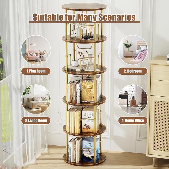 5 Tier Rotating Bookshelf, 360 ° Display Stackable Spinning Bookshelf Tower - Image 7