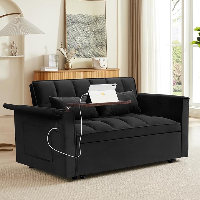Ball & Cast 55" 3 in 1 Sleeper Sofa Bed Velvet Upholstered Pull Out Couch - Image 4