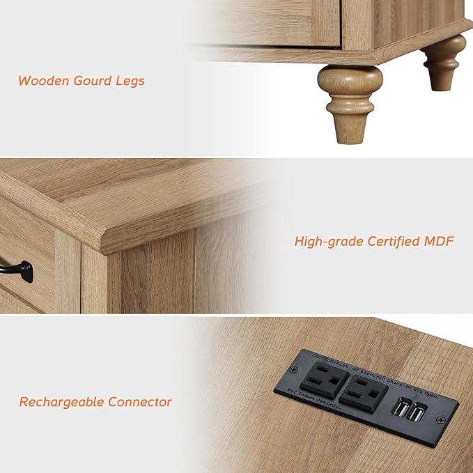 WAMPAT Oak Night Stand with 2 Drawers, Wooden Sofa Side Table with Charging - Image 7