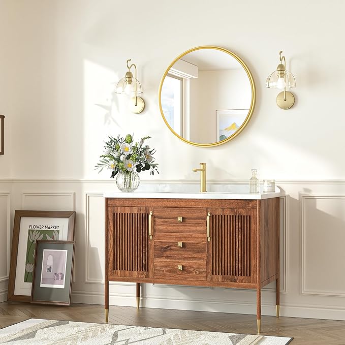 TokeShimi 18 in Brushed Gold Wall Mirror Framed Round Bathroom Mirror - Image 8