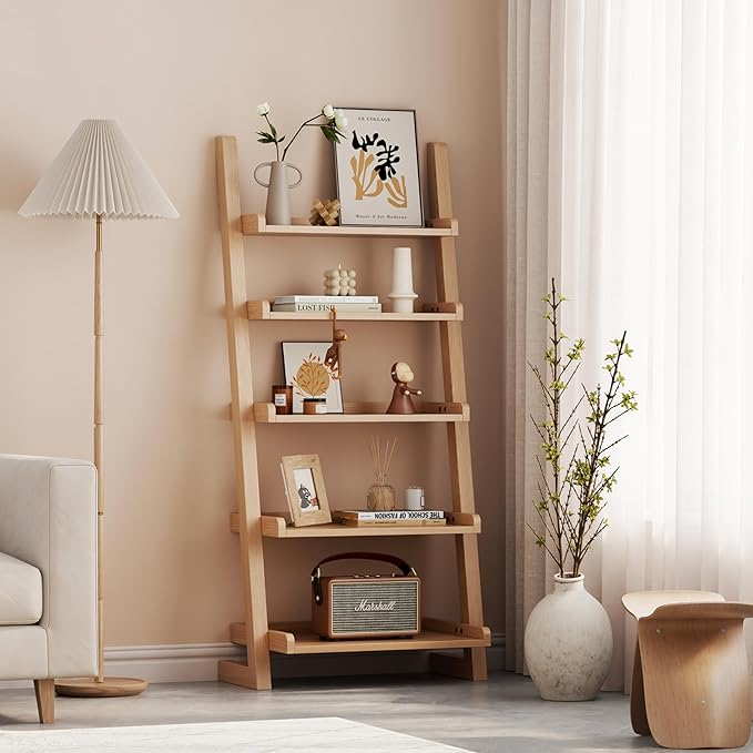 Wooden Ladder Shelf with Edges, 5-Tier Modern Leaning Bookshelf Ladder – - Image 6