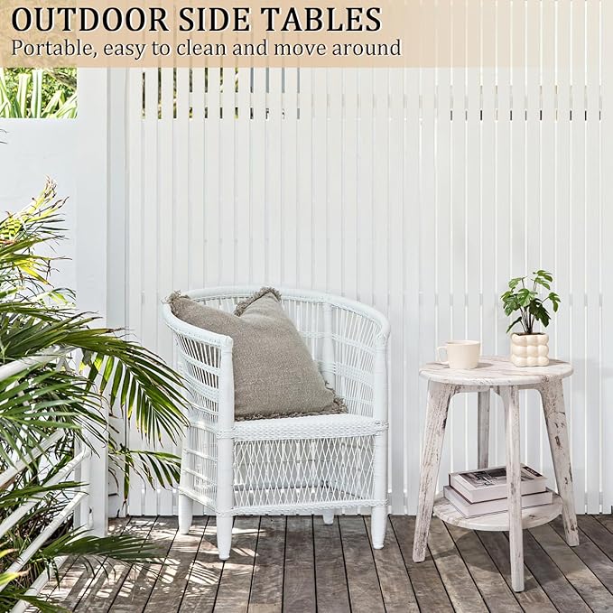 Farmhouse Round Side Table Rustic White Wooden End Table - Image 7