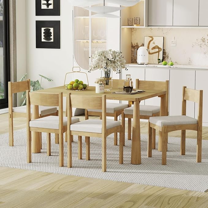 Dining Table with Chairs Set of 6, 7-Piece 60" Farmhouse Rectangular Dining - Image 6