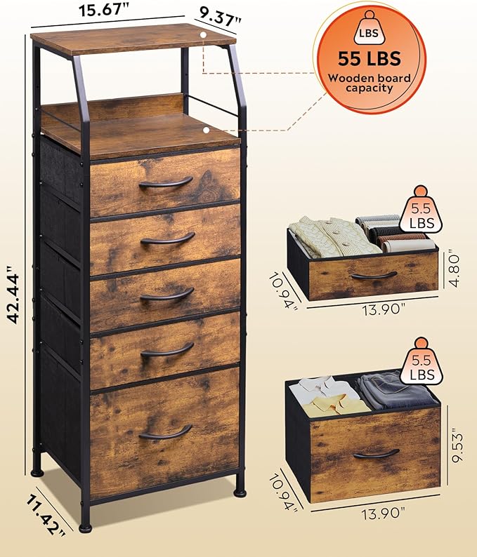 WLIVE Tall Night Stand with 5 Fabric Drawers, Bedroom Nightstand with 5 Drawers - Image 3