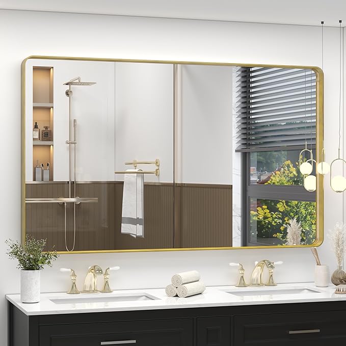 60x36 Inch Gold Framed Bathroom Mirror, Rectangle Brushed Gold Metal Vanity by VANLIOBathroomMirror