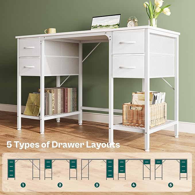 Huuger 47 Inch White Desk with 4 Drawers, Vanity Desk with Mesh Shelf, Study - Image 7
