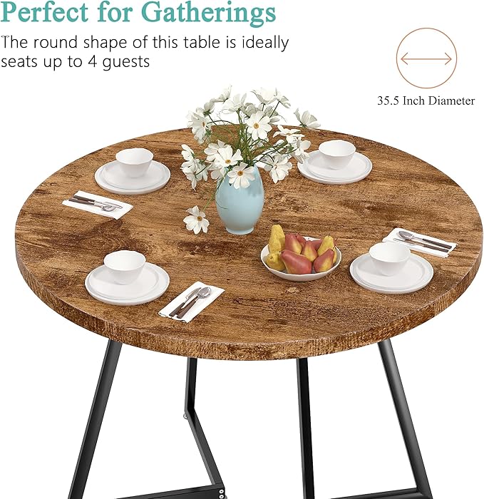 VECELO 35" Round Dining Table for 4, Wood-Grain Tabletop & Heavy-Duty Steel - Image 3