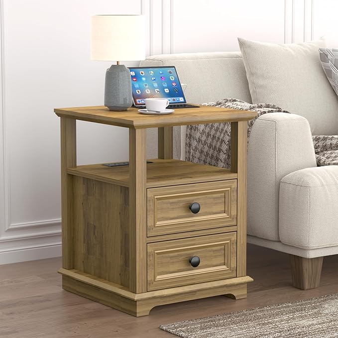 End Table with Fast USB C Charging Station, Large Storage Rustic Wood Square - Image 6