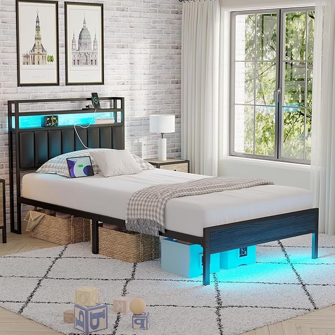 Twin Bed Frame with Headboard, Classic Metal Platform Bed Frame-LED Bed Frame - Image 4