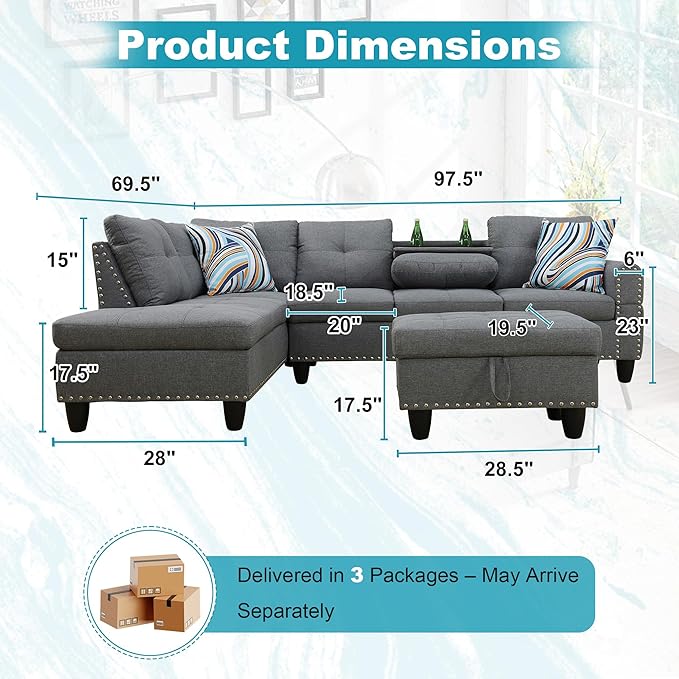 97.5" Oversized Sectional Couch, L Shaped Couch - Image 2