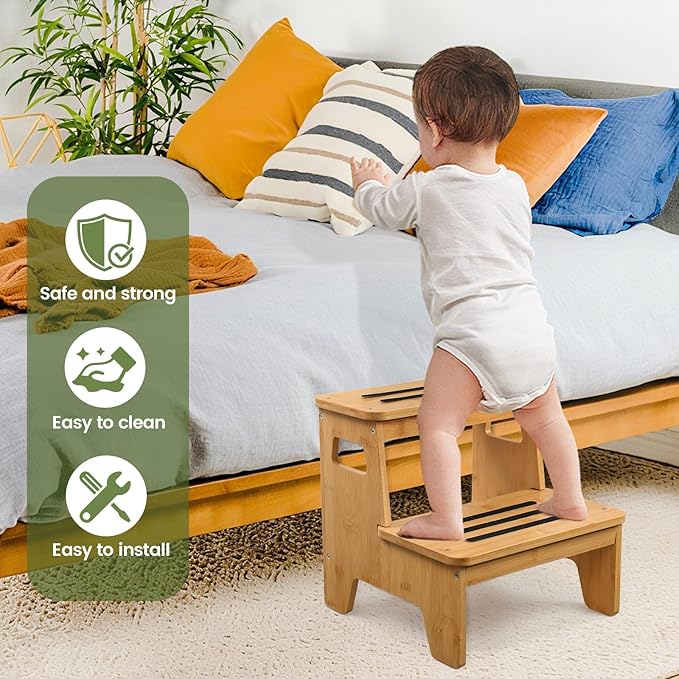 Wooden Step Stools for Kids, Heavy Duty Bamboo 2-Step Stepping Stools for - Image 3