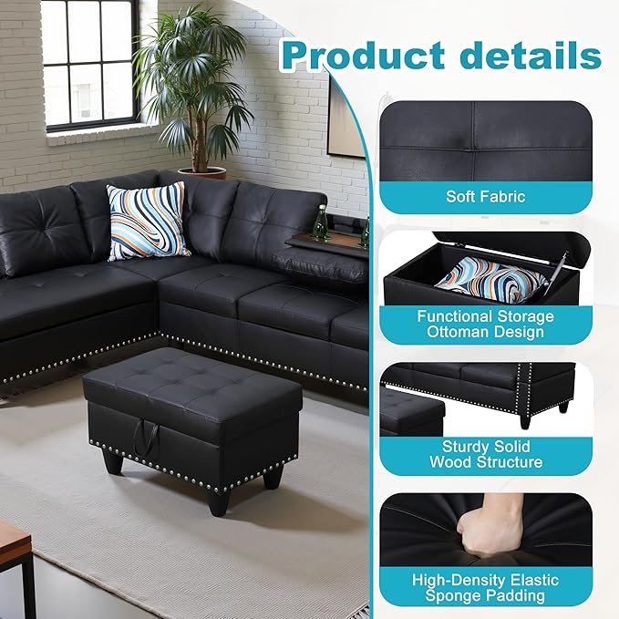 L Shaped Couch Faux Leather Sectional Couch Upholstered 3 Pieces Sofas - Image 5