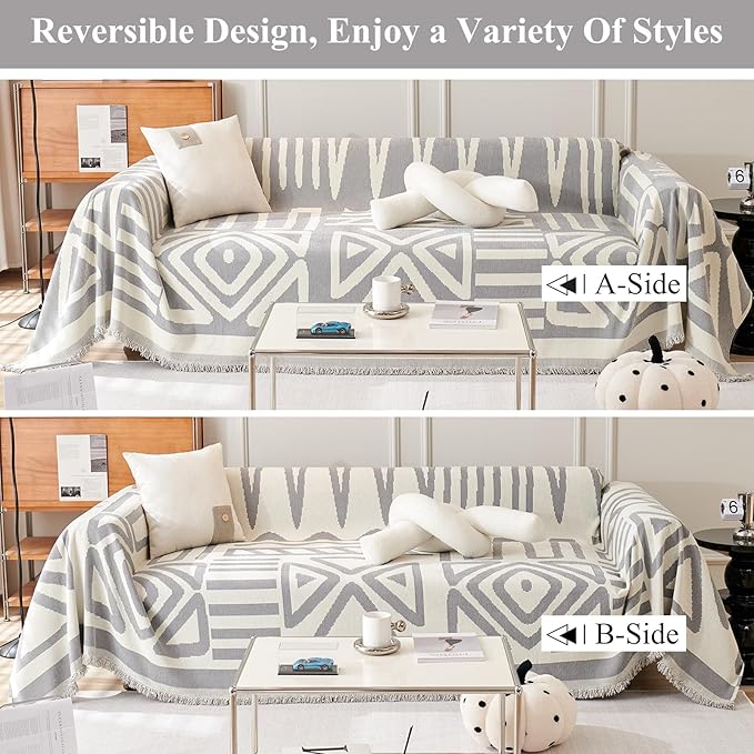 STACYPIK Durable Chenille Gray Beige Sofa Cover Boho Triangle Slipcover - Image 2