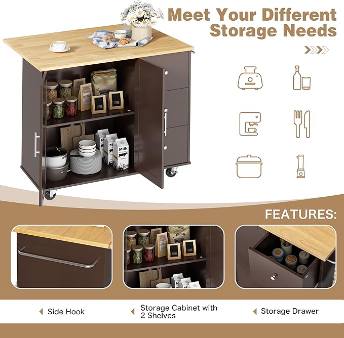 Shintenchi Kitchen Island with Folding Drop Leaf, Rolling Island Table with - Image 6