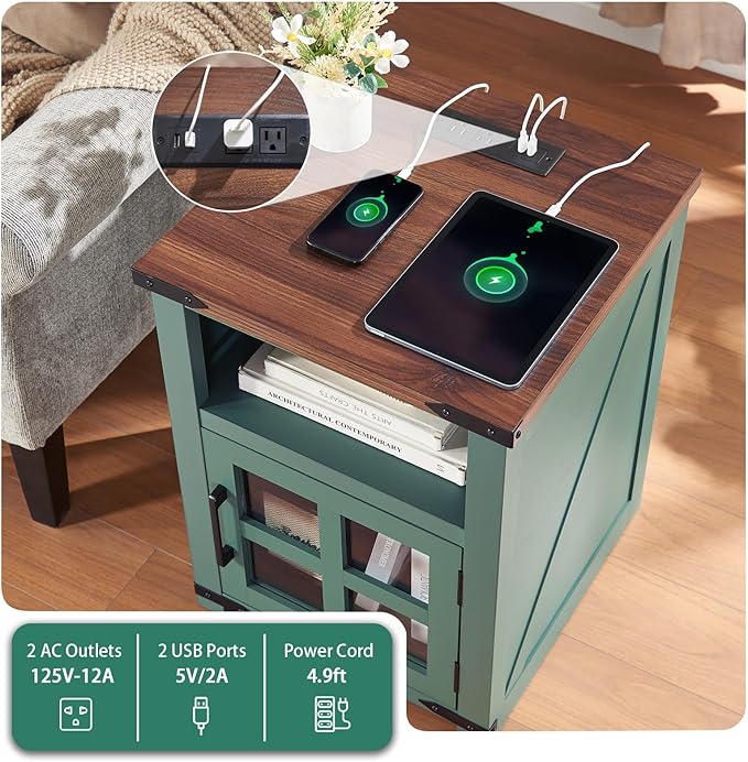 Farmhouse Nightstand with Charging Station, Rustic End Table with Tempered - Image 6