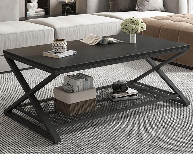 LVB Black Coffee Table, Wood Metal 2 Tier Center Tables - Image 3