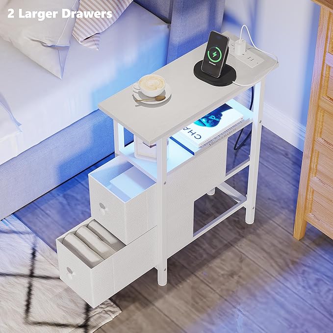 End Table Set 2 with Charging Station, Narrow Side Table with 2 Fabric Drawers - Image 6