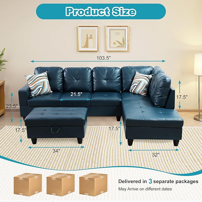 Couches for Living Room PU Leather L Shaped Couch Comfy 3 Pieces Sectional Sofa - Image 2