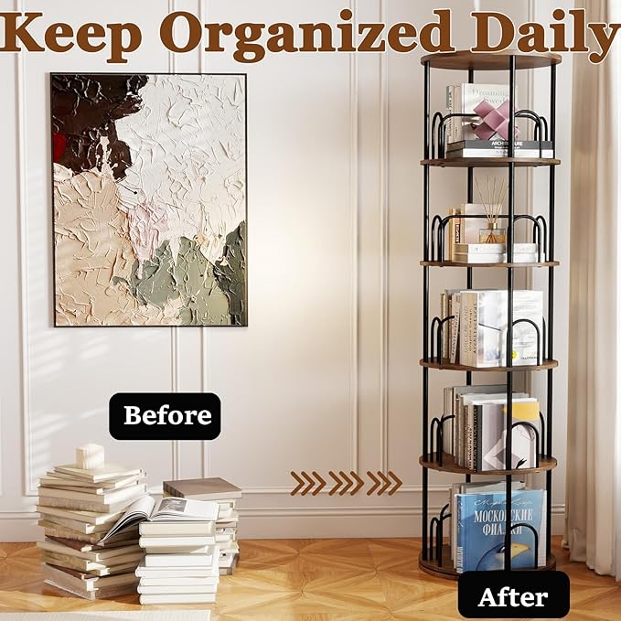 5-Tier Rotating Bookshelf, 360° Round Spinning Book Shelf Tower, Tall Skinny - Image 4