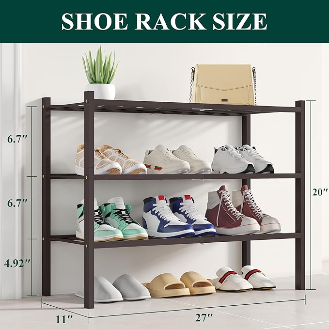 Smiry Shoe Rack, 3 Tier Bamboo Shoe Organizer, Stackable Free Standing Wooden - Image 2