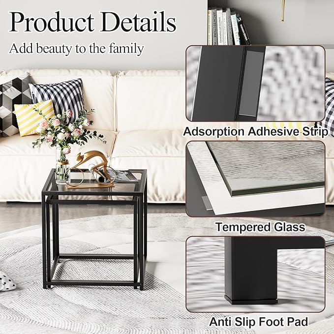 Garden 4 you Coffee Table Set of 2, Modern Glass Nesting Table, Metal Frame - Image 6