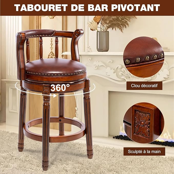 Cow top Leather Wooden Bar Stools, 360 Degree Swivel Bar Height Chair - Image 7