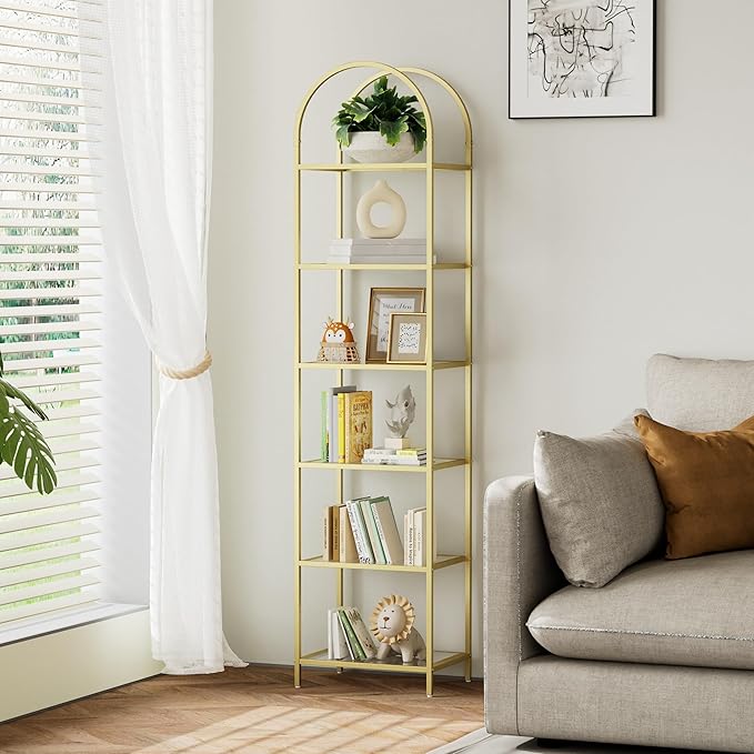 Homhedy Bookshelf Arched Display Racks, Metal Bookcase, Tempered Glass Shelves by Homhedy