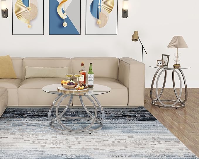 O&K FURNITURE Silver Coffee Table, Modern Glass Coffee Table Living Room Table - Image 9