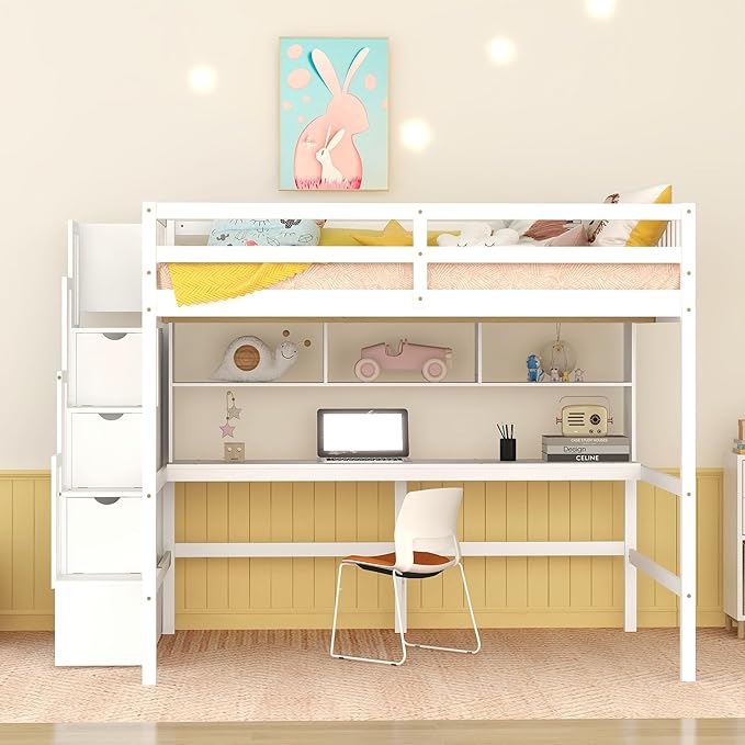 HomSof Full Size Loft Bed with Built-in Desk, Bookshelves and Storage Staircase - Image 3
